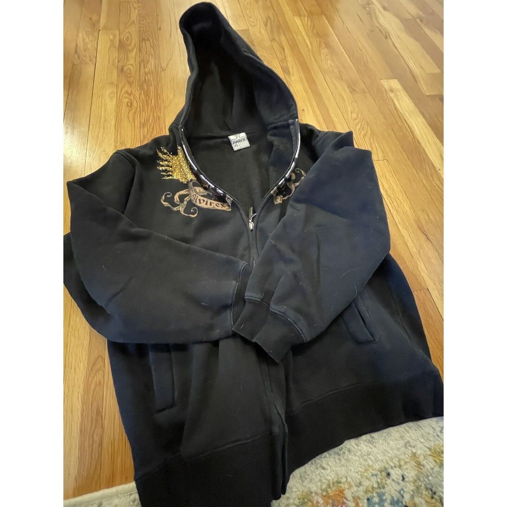 Avirex Hoodie Mens  Black Embroidered‎ Winged Skull Full Zip Streetwear XL Y2k - Picture 8 of 8